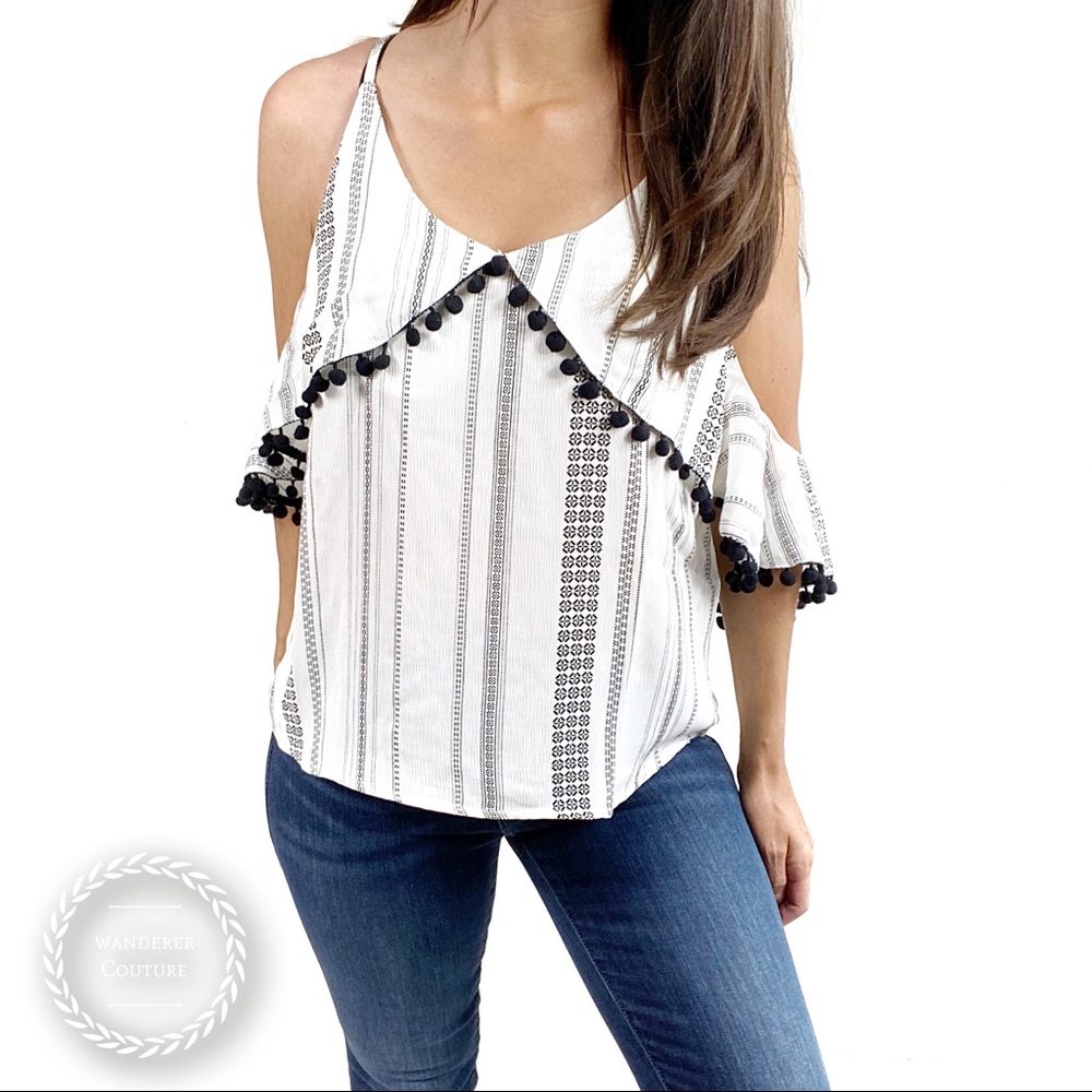 Line & Dot White Striped Cold-Shoulder Tank with Black Pom Trim